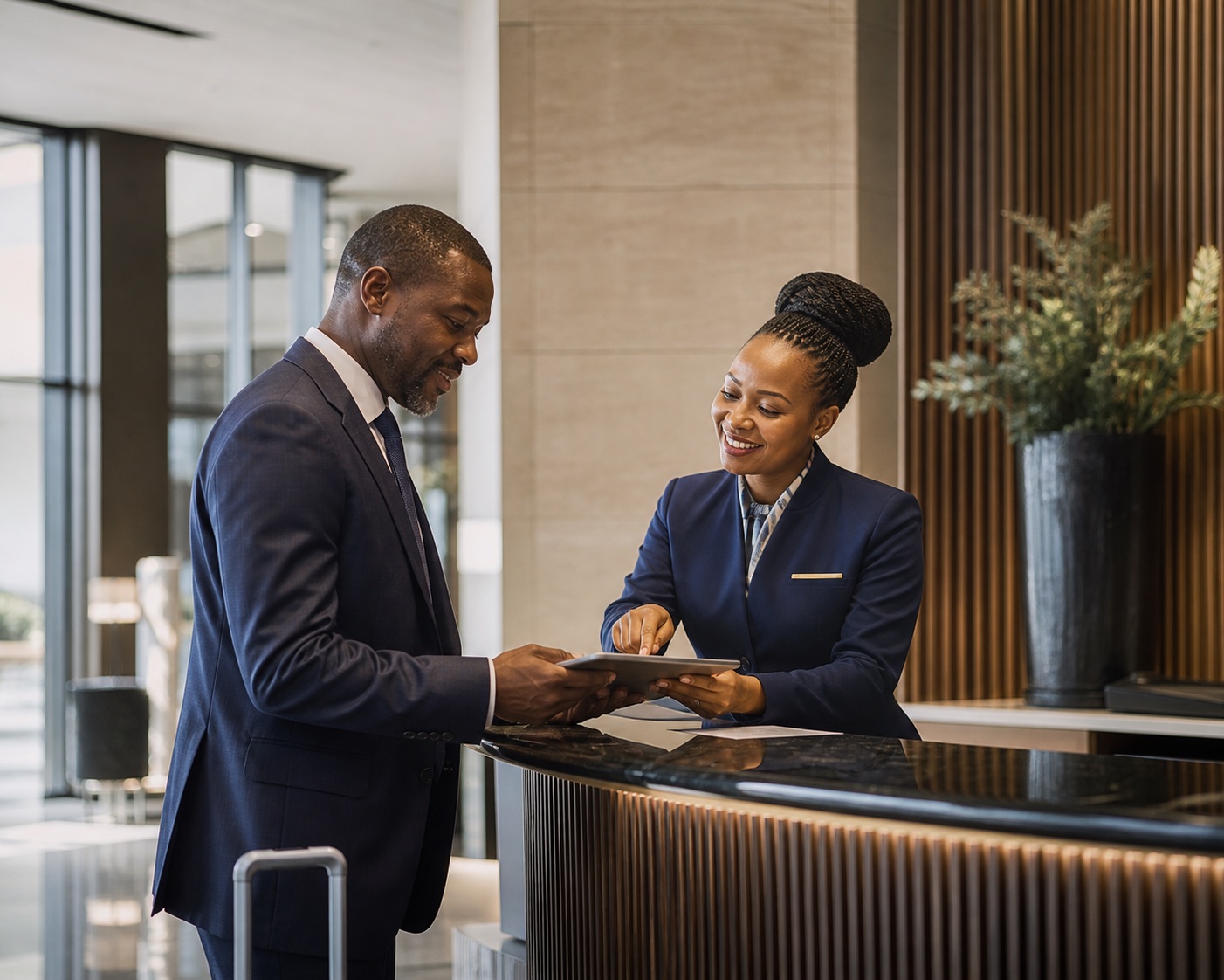 African corporate concierge assisting a business traveller in a premium hospitality setting