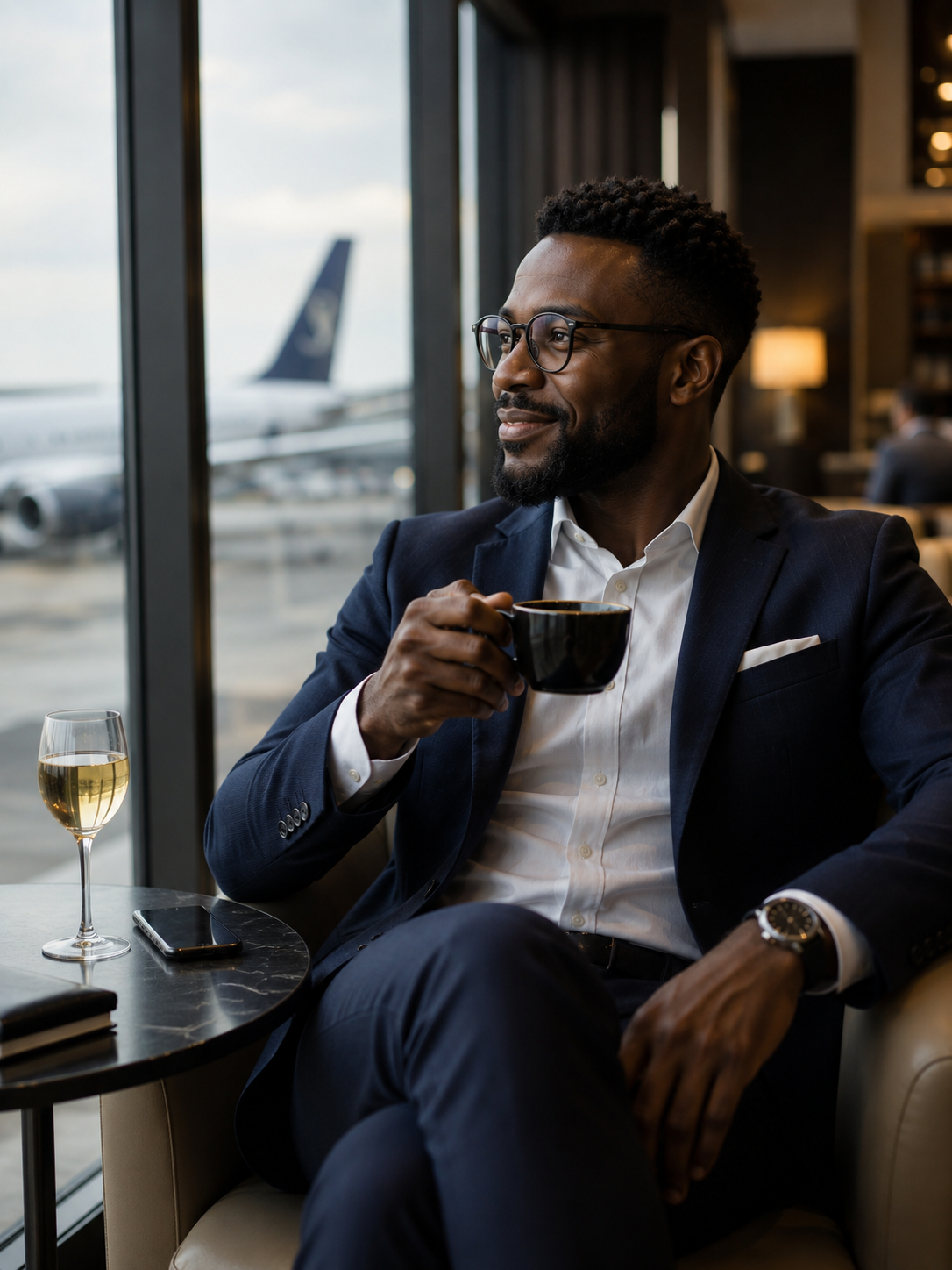African business traveller in a premium airport lounge