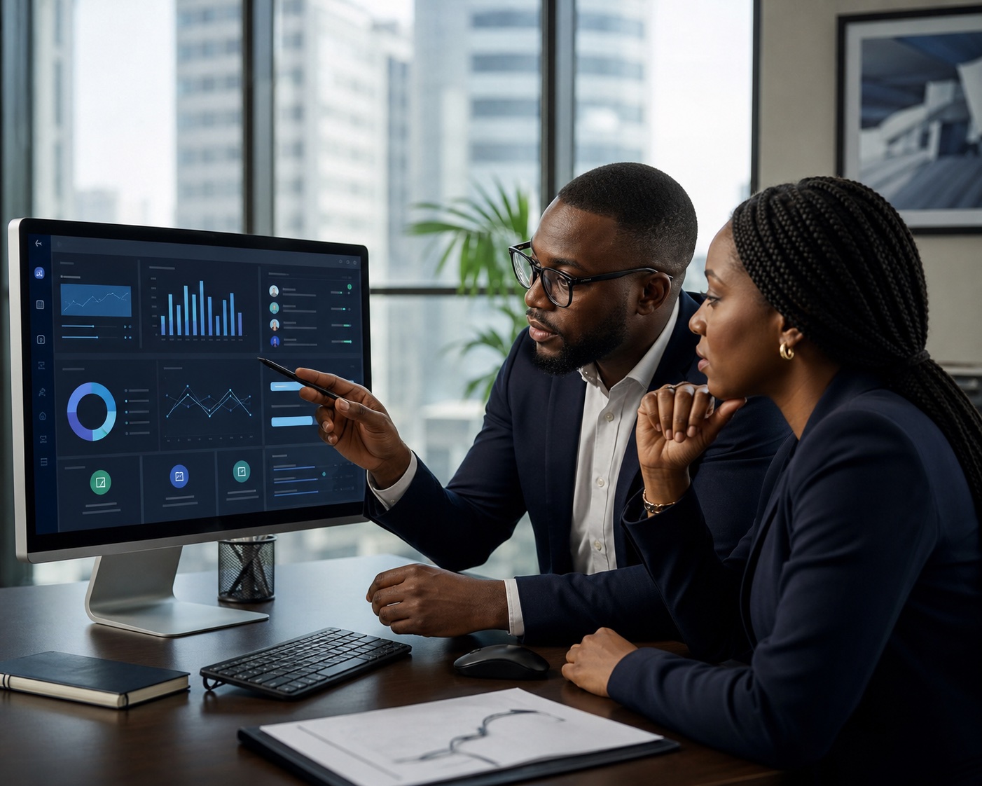 African corporate travel management dashboard with aircraft at airport